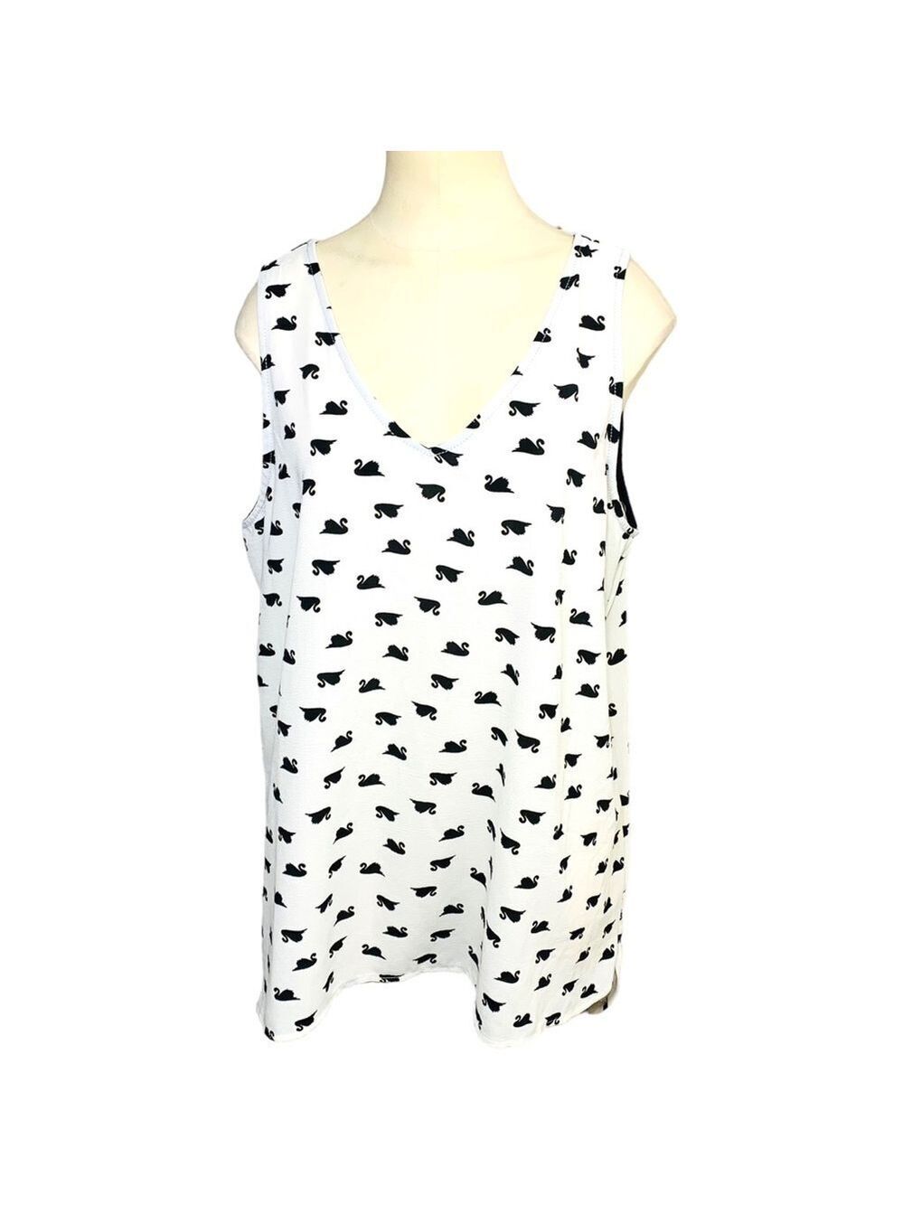 MERCER & Madison White Black Swans Prints Flowy Tunic Tank Hi Low V Neck Sz M/L